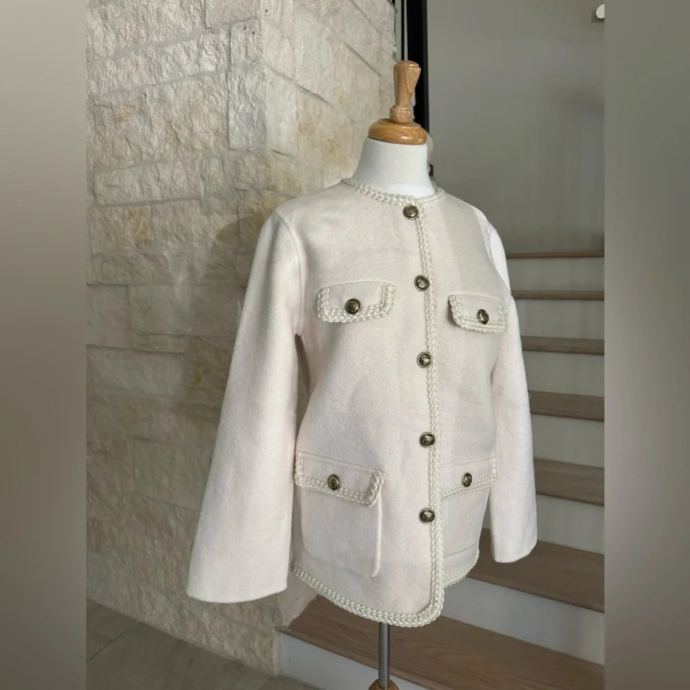 Sandro Cream Preppy Coat with Braided Trim - Picture 8 of 11